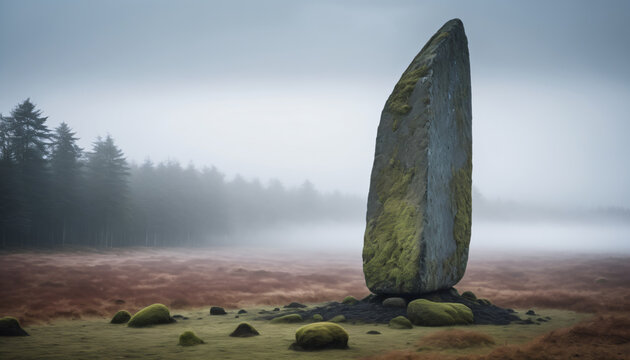 Minimalist mystical standing stone monolith in a foggy misty landscape