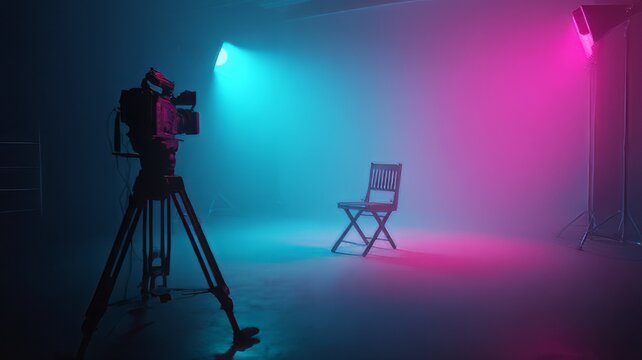 Professional film studio with video camera and chair. Cinematic production set with neon blue and pink lighting. Empty movie stage.