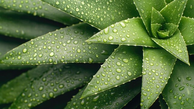 Close-up exploration of an aloe vera leaf adorned with water drops, reflecting nature&rsquo;s beauty and hydration