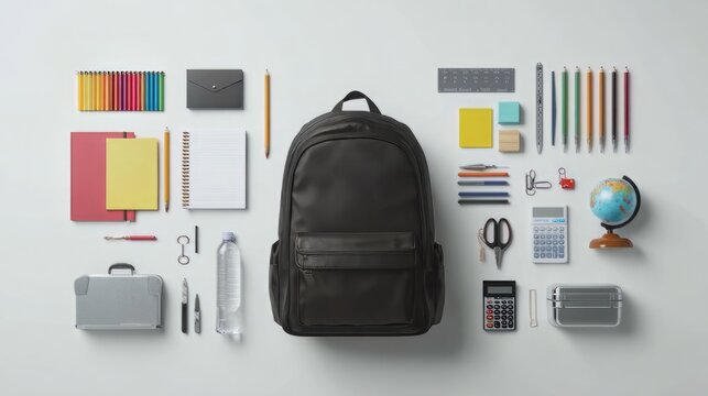 Minimalist black backpack with school supplies, organized student stationery flat lay, back to school essentials on white background