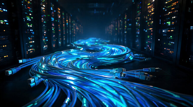 Glowing blue fiber optic and ethernet cables bundle wave flowing in dark server room datacenter for high speed internet, big data, and cloud technology concept.