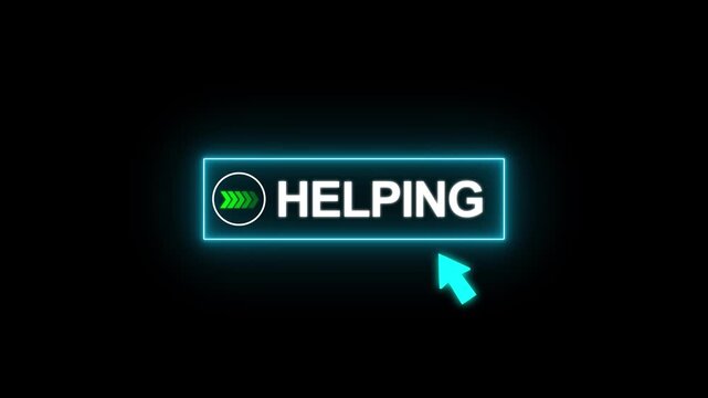 Neon Cyan Glowing Helping Button with Mouse Cursor Click Animation 4K Loop on Black Background