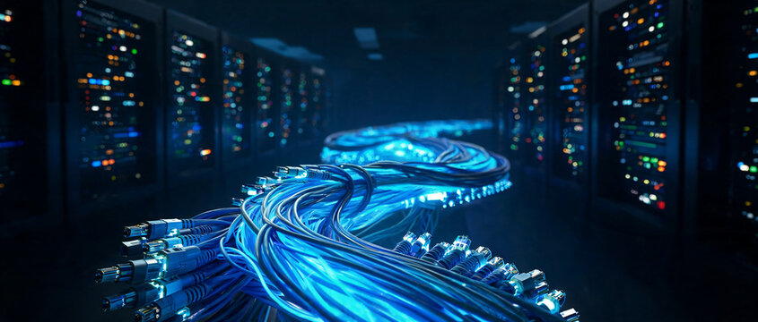 Glowing blue fiber optic and ethernet cables bundle wave flowing in dark server room datacenter for high speed internet, big data, and cloud technology concept.