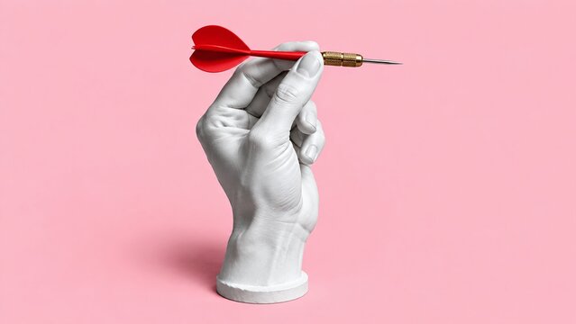 White plaster hand sculpture holding a red dart against a soft pink background representing focus, strategy, and precision in business