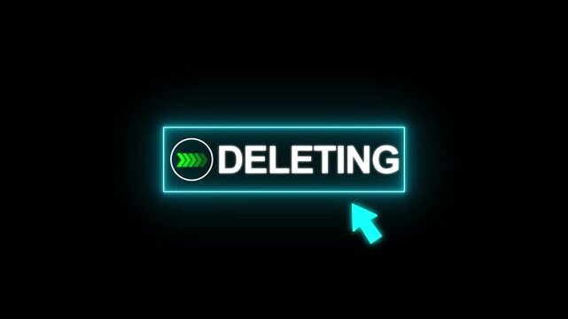 Neon Cyan Glowing Deleting Button with Mouse Cursor Click Animation 4K Loop on Black Background