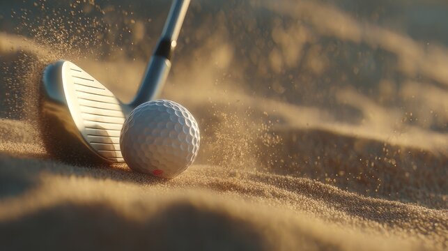 Golf club hitting ball in sand trap, close up of golf iron bunker shot with flying sand, golden hour sports photography