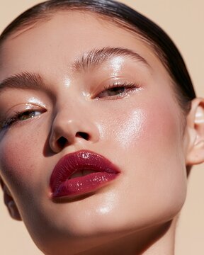 Close-up beauty shot of a model with sculpted contoured skin, glossy lips, and smooth complexion against a neutral background highlighting facial features and makeup details
