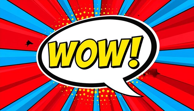 Comic Style Pop Art Wow Text in Bold Yellow Letters with Black Outline on Dynamic Red Burst Background Featuring Blue Sections and White Star Shapes Symbolizing Excitement and Surprise
