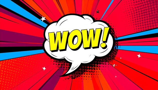 Comic Style Pop Art Wow Text in Bold Yellow Letters with Black Outline on Dynamic Red Burst Background Featuring Blue Sections and White Star Shapes Symbolizing Excitement and Surprise
