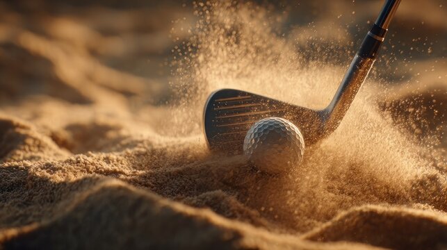 Cinematic golf bunker shot, iron club hitting ball in sand trap, golden hour sports action, professional golf competition