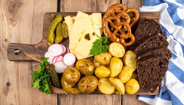 Vegetarische bayerische Brotzeitplatte, Hartk&auml;se, Pellkartoffeln, Pumpernickel, Mini Brezeln, Gew&uuml;rzgurken, Radieschen, rustikales Holzbrett, Draufsicht