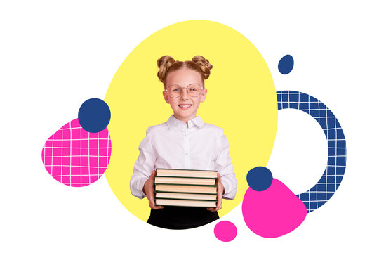 Creative poster collage of&nbsp;funny small girl glasses hold read book pile back school shopping concept&nbsp;unusual fantasy billboard comics zine