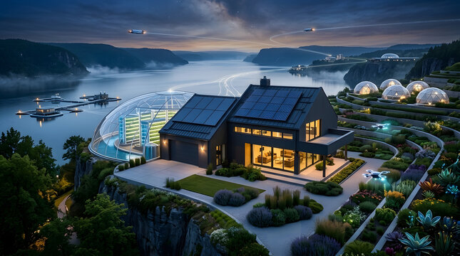Futuristic sustainable cliffside home with solar panels and biodome
