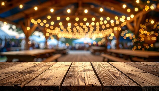 Oktoberfest Festzelt Copyspace Holztisch Bierzelt Lichterkette Bokeh
