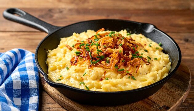 K&auml;sesp&auml;tzle Pfannengericht K&auml;se R&ouml;stzwiebeln Schnittlauch bayerische K&uuml;che Oktoberfest
