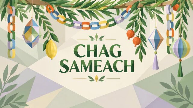 Chag sameach sukkot greeting card with festive ornaments, paper chains plus hanging fruit around holiday typography