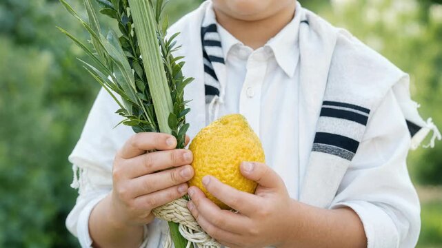 Jewish boy presenting etrog plus lulav in close portrait, child wearing tallit with four species held at chest, sukkot ritual tradition for religious harvest festival