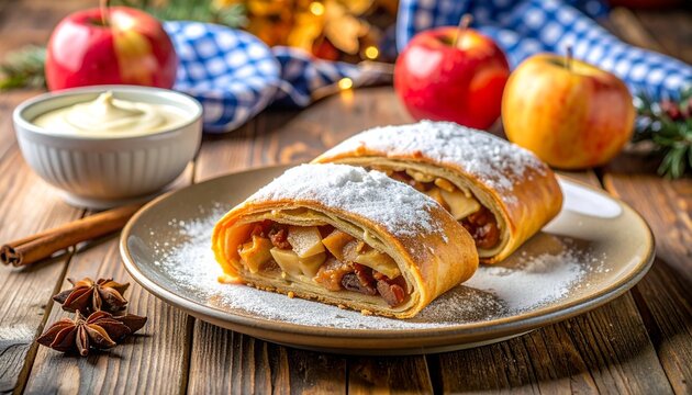 Apfelstrudel angeschnitten &ndash; Apfel-Zimt-F&uuml;llung, Puderzucker, Vanilleso&szlig;e, &Auml;pfel, Zimtstangen, Sternanis, Oktoberfest-Dessert

