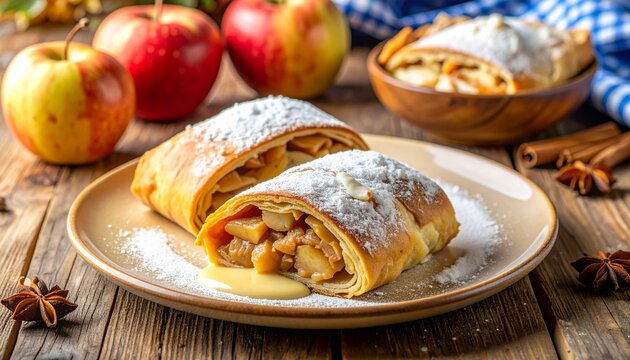 Apfelstrudel mit Vanilleso&szlig;e und Puderzucker, frische &Auml;pfel, Zimtstangen, Sternanis, rustikaler Holztisch, blau wei&szlig;e Oktoberfest Dekoration