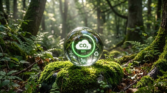 Glowing glass sphere with carbon dioxide icons and renewable energy symbols on a mossy rock in a forest for sustainability and climate action concept.