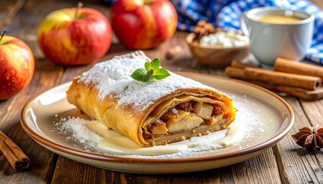Apfelstrudel &ndash; Apfelf&uuml;llung, Strudelteig, Puderzucker, &Auml;pfel, Zimtstangen, Kaffeetasse, Oktoberfest-Dessert
