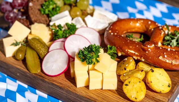 Bayerische Oktoberfest-Brotzeit &ndash; K&auml;sew&uuml;rfel, Laugenbrezeln, Radieschen, Gew&uuml;rzgurken, Bratkartoffeln, Weintrauben, Holzbrett