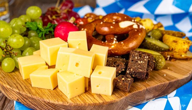 Bayerische Oktoberfest-Brotzeit, K&auml;sew&uuml;rfel, Laugenbrezeln, Weintrauben, Radieschen, Gew&uuml;rzgurken, Pumpernickel, blau-wei&szlig;es Rautenmuster