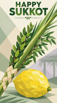 Happy sukkot poster with faceted citron plus lulav, bold green typography over pastel geometric shapes, modern jewish festival greeting