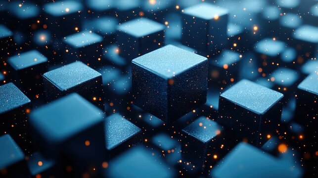 Cubes hover gracefully in a rich blue space illuminated by shining golden sparks