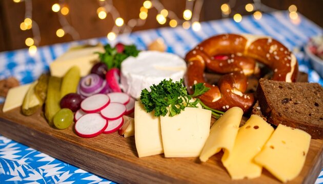 Oktoberfest-K&auml;seplatte &ndash; K&auml;sesorten, Laugenbrezeln, Weintrauben, Radieschen, Bauernbrot, Schnittlauch, Lichterketten