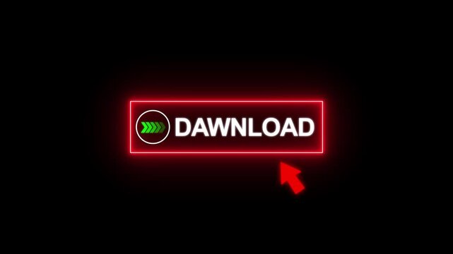 Neon Red Glowing Download Button with Mouse Cursor Click Animation 4K Loop on Black Background