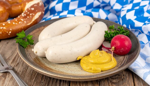 Oktoberfest-Wei&szlig;wurstteller &ndash; drei Wei&szlig;w&uuml;rste, s&uuml;&szlig;er Senf, Radieschen, Petersilie, Laugenbrezel, blau-wei&szlig;es Karomuster