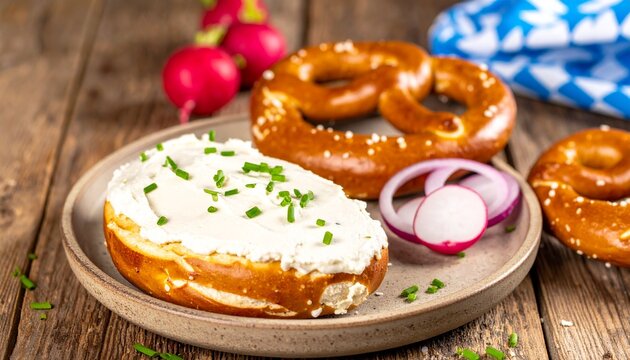 Bayerische Oktoberfest-Brotzeit mit Laugenbrezeln, cremigem Obazda, frischen Radieschen und Schnittlauch auf rustikalem Holztisch