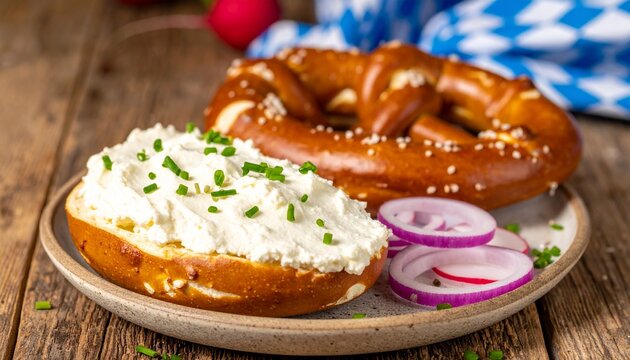 Laugenbrezel mit cremigem Obazda, roten Zwiebelringen und Schnittlauch, vegetarische bayerische Brotzeit und traditionelles Oktoberfest Essen auf rustikalem Holztisch
