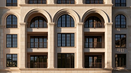 Fototapeta premium Elegant facade with arched windows and classic stone architectural details