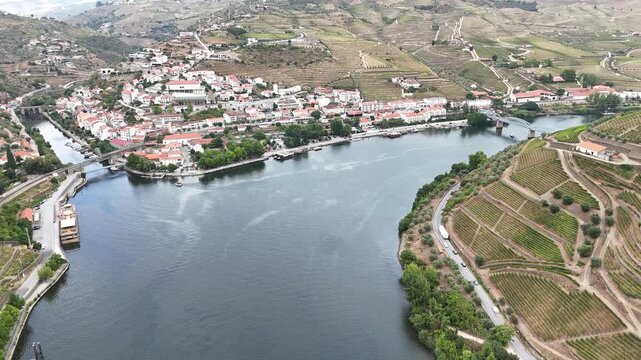 Drone Pullback Along the Douro River from Pinh&atilde;o, Portugal