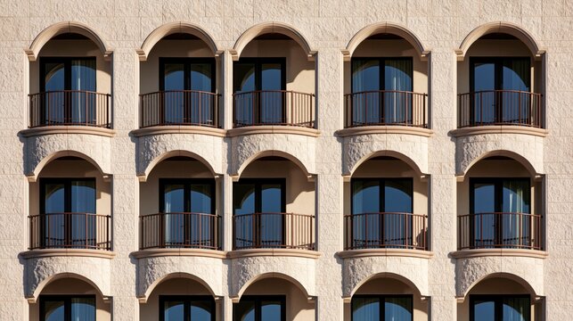 Exterior view of beige residential building with arched balconies and wrought iron railings
