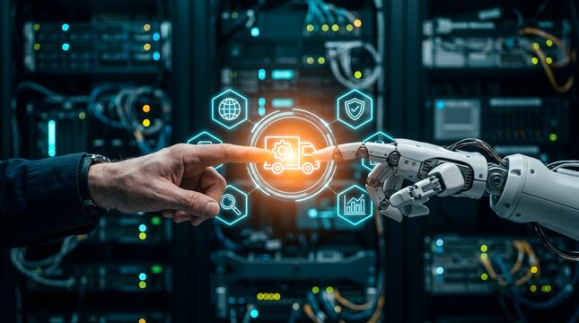 Human and robotic hand touching a glowing digital logistics interface with truck and gear icons in a data center for intelligent automation and supply chain growth
