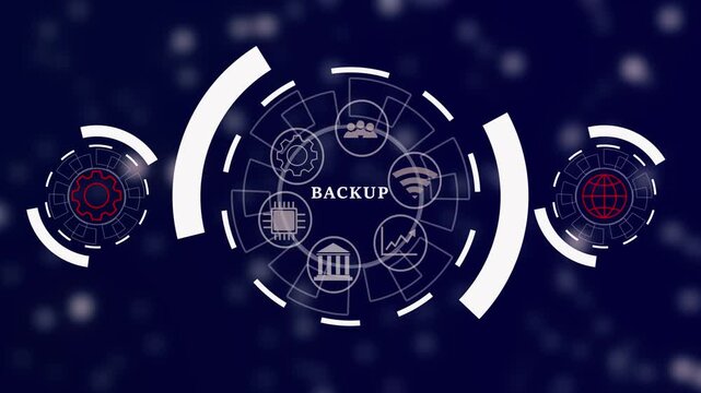 Digital backup visualization showing balanced global systems, secure data networks, modern interface design, and dependable enterprise