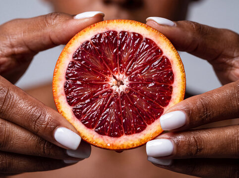 Person holding a juicy blood orange half, close up on dark skin and white nails, showcasing fresh citrus, vibrant color, vitamin C rich snack and natural beauty for wellness and food styling