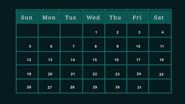 Calendar animation of the 08th day of the month on a black background. Date animation with calender. Cyan color Calendar with date animation. Time and date management