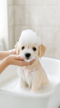 A playful Jack Russell Terrier enjoys a cozy bath with soap suds in a gentle grooming session at home