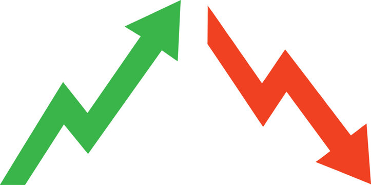 Green arrow up and red arrow down graph icons against white background representing financial market trends