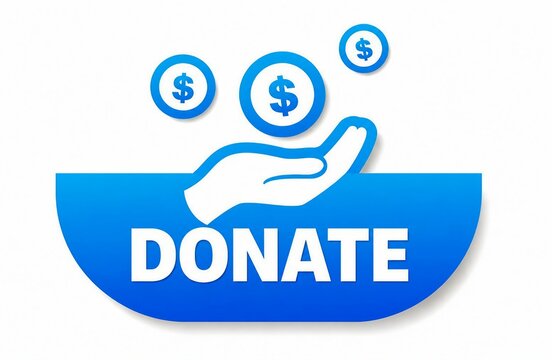 Hand donating money coins into blue donation bowl with dollar signs