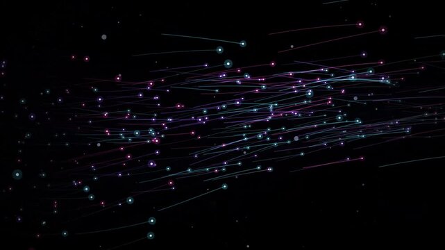 Abstract digital background featuring flowing particles with glowing light trails connected by geometric lines in motion