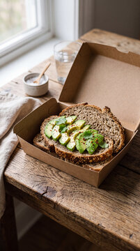 Avocado toast with seeds on multigrain bread in a cardboard takeout box
