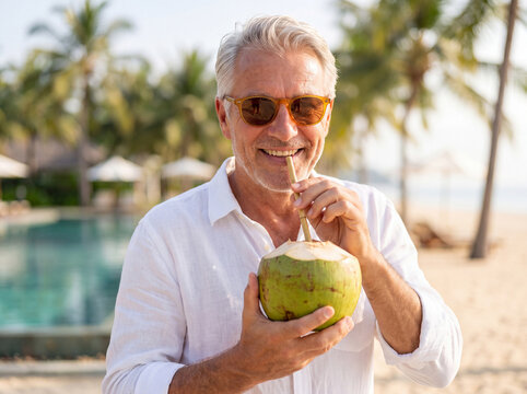 Mature man with gray hair and sunglasses smiling while sipping fresh coconut water poolside at a tropical resort, enjoying a relaxed, healthy summertime vacation atmosphere