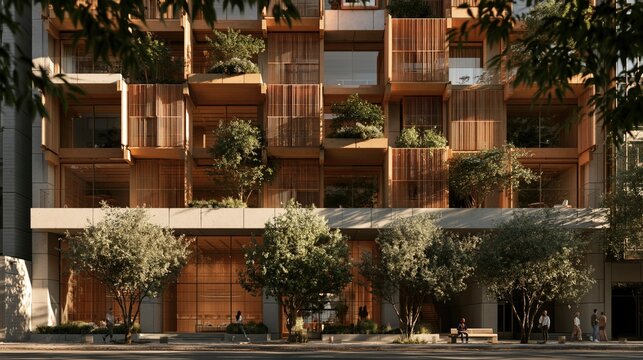 Modern urban building with wooden facade and abundant green plants