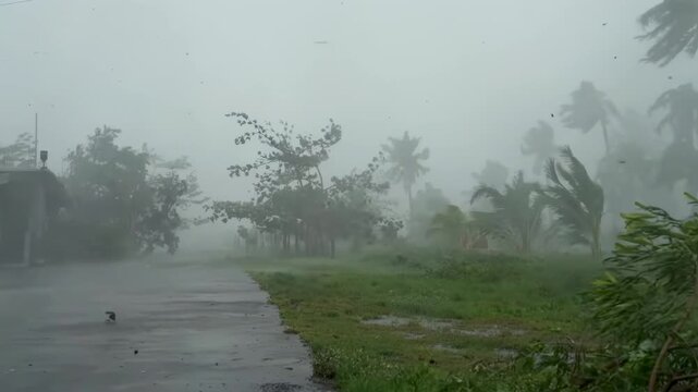 Hurricane-force winds lashing trees with extreme violence in a forest in the nature.