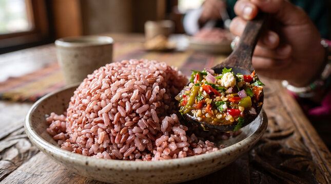 Hyper Realistic 9K Eye Level Macro Close Up Bhutanese Red Rice with Ezay Chili Salsa Food Photography